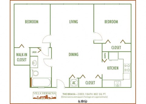Floor plan for 2 beds, 1 bath, 802 sqft